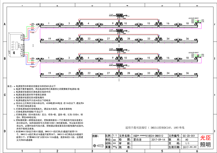 DMX512洗墻燈接線圖 DMX512洗墻燈接線圖